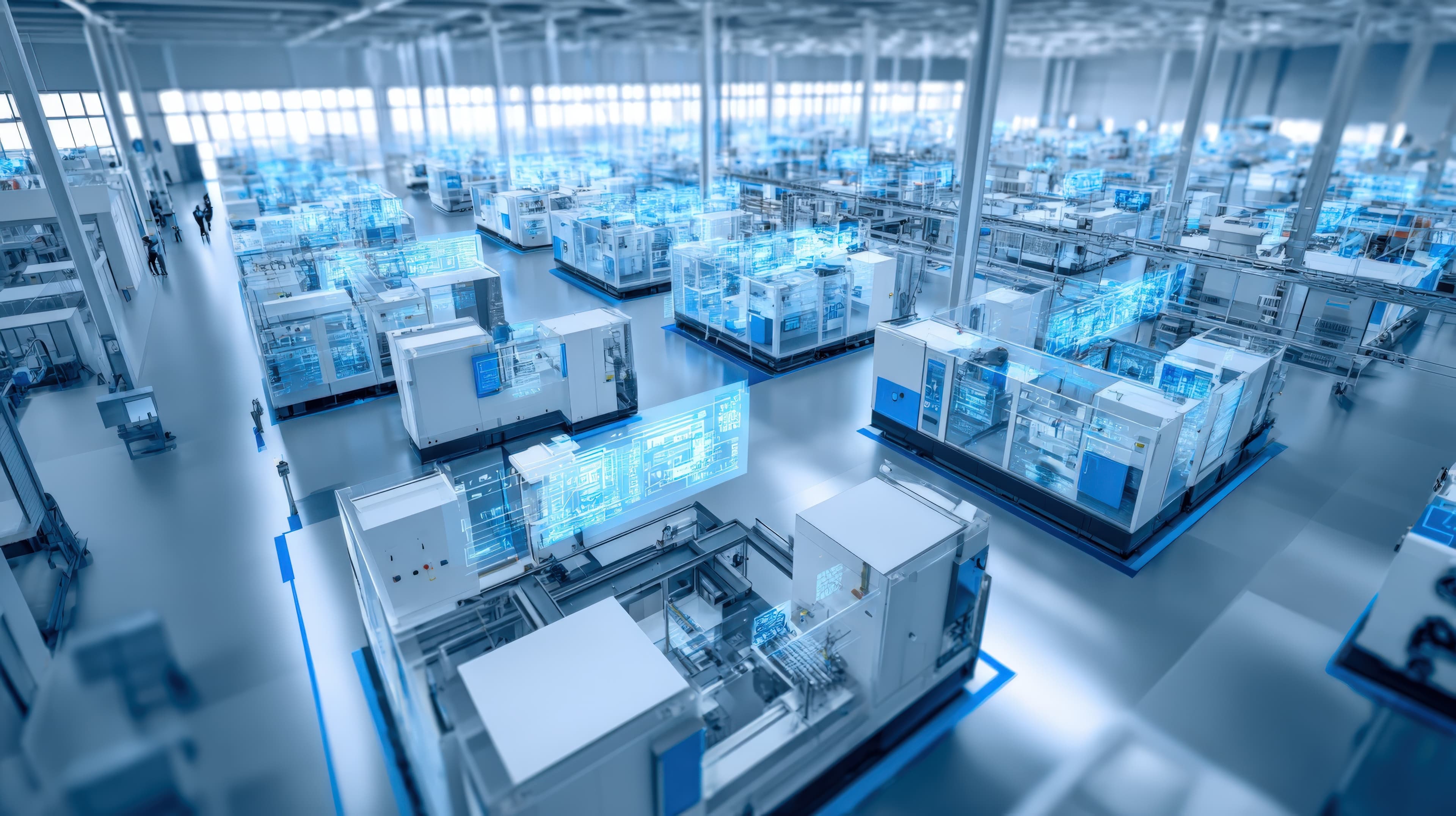 Aerial view of semiconductor manufacturing facility with holographic digital twin data overlaid on equipment