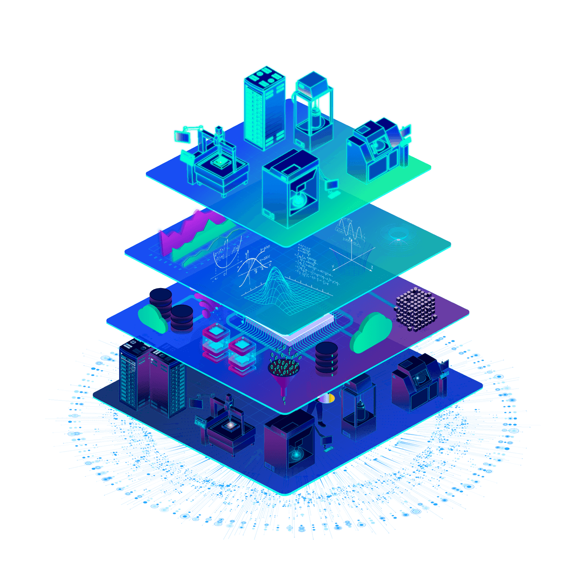 Isometric layered diagram showing semiconductor digital twin infrastructure architecture