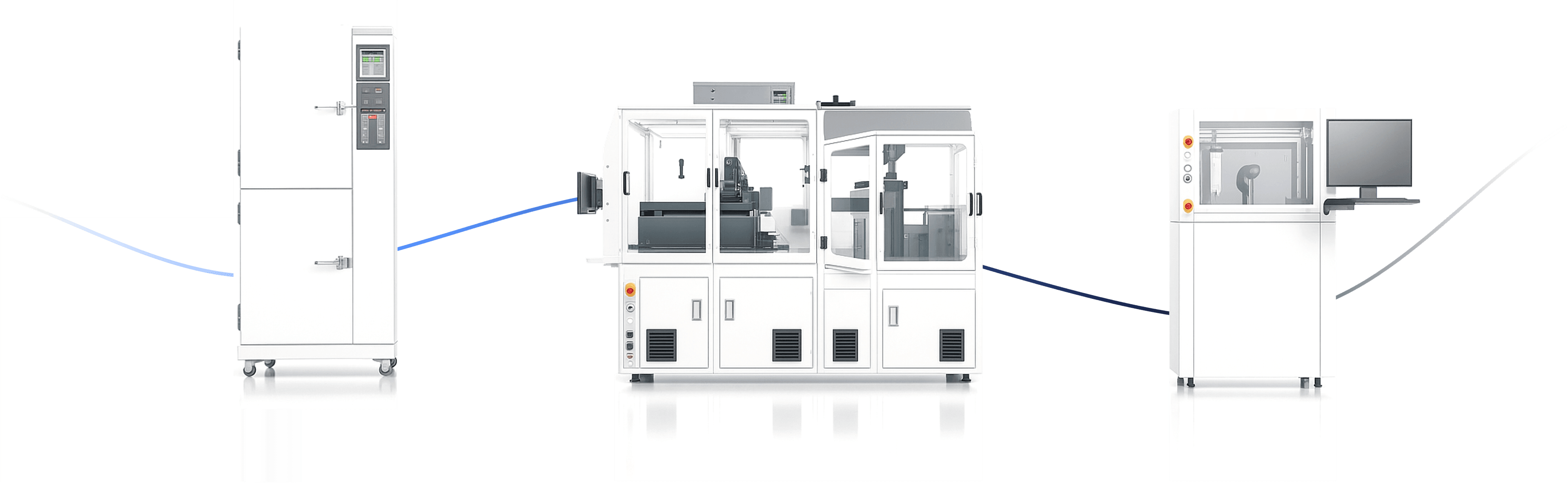 Three pieces of semiconductor manufacturing equipment connected by flowing digital data streams — illustrating how machines in a fab share data through a common digital environment