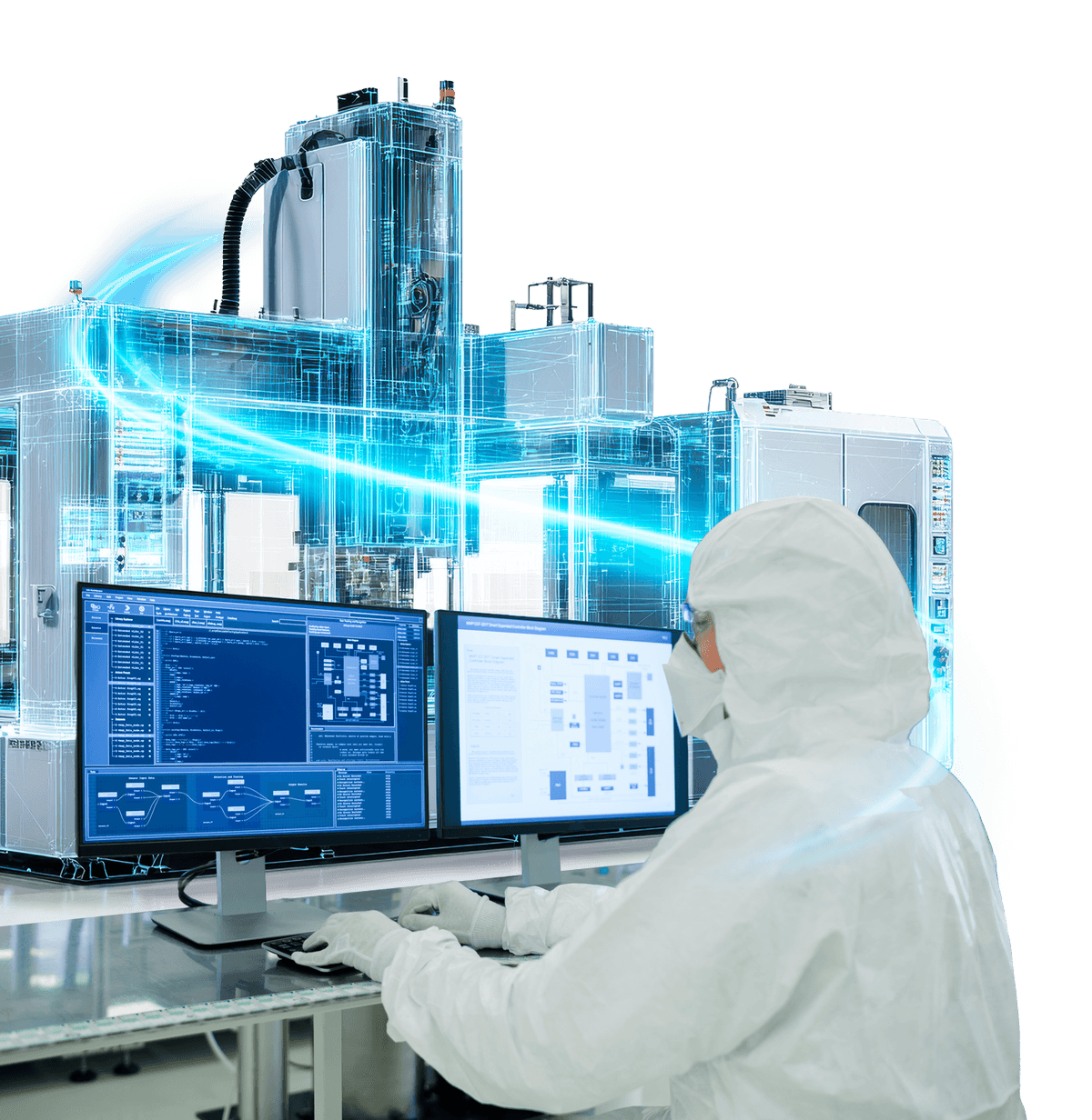 Semiconductor process engineer operating equipment in a cleanroom environment
